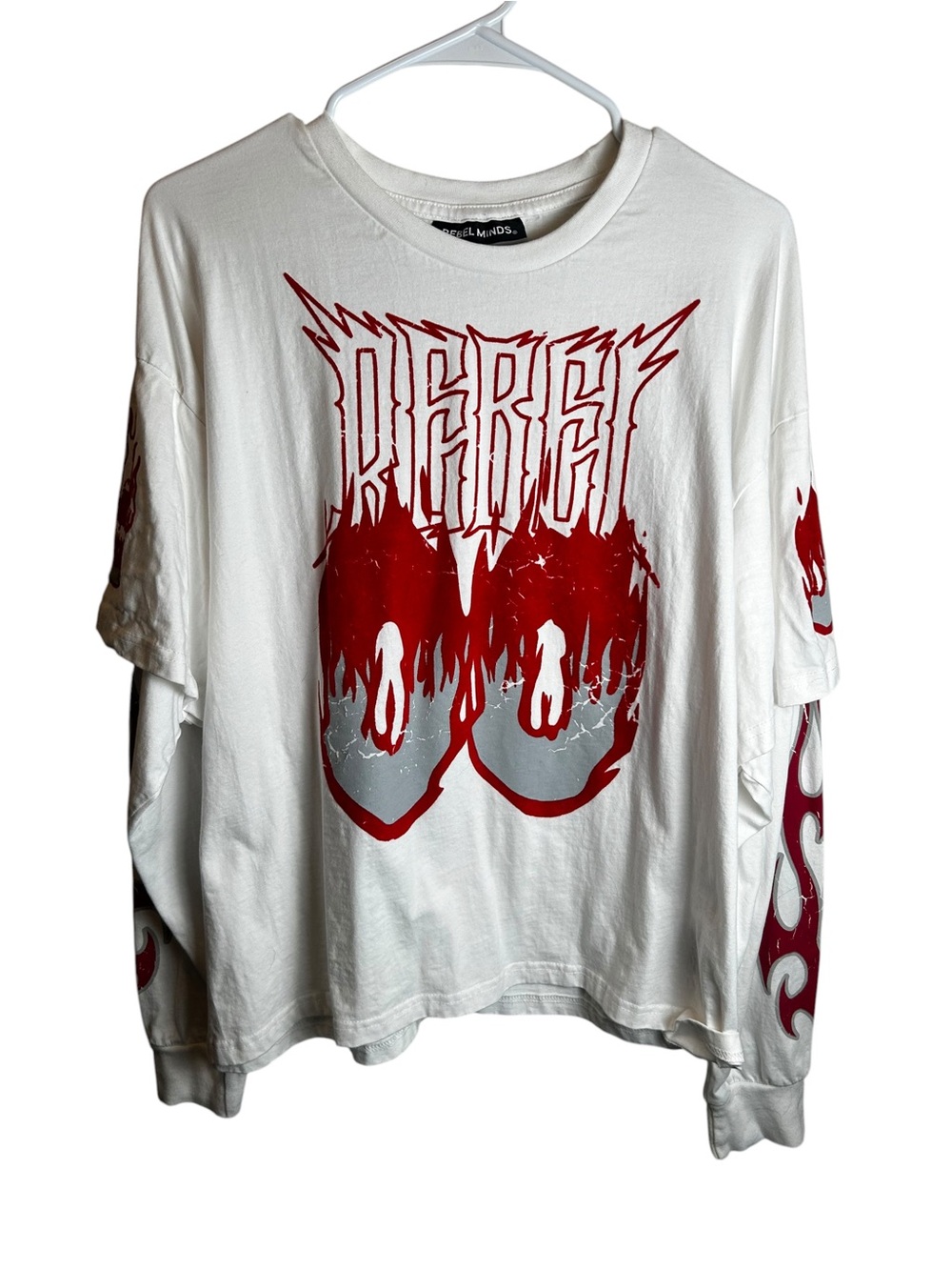 Rebel Minds Layered Sleeve Graphic Velvet Long Sleeve Flames Skull Medium